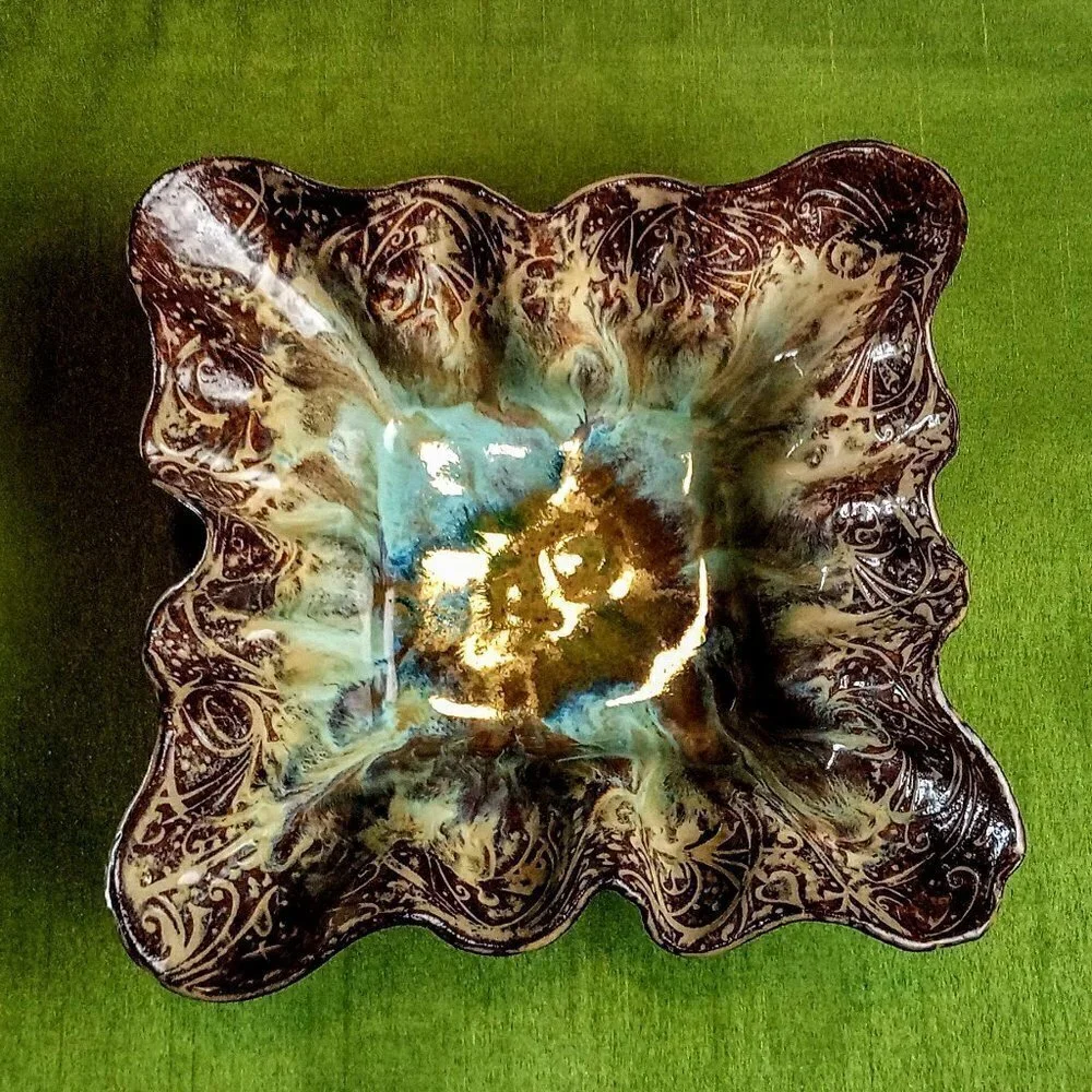 K Riel Art Pottery Glazed Square Ruffled Rim Bowl